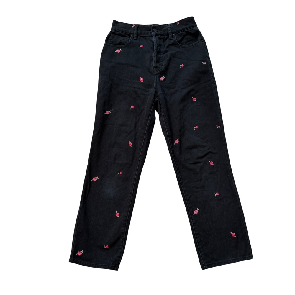 PacSun High Rise Straight Black Embroidered Rose Jeans Junior Size26 Button Fly
